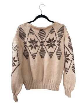 Handmade Chunky Knit Neutral Beige Crewneck Sweater with Brown Nordic Motif L